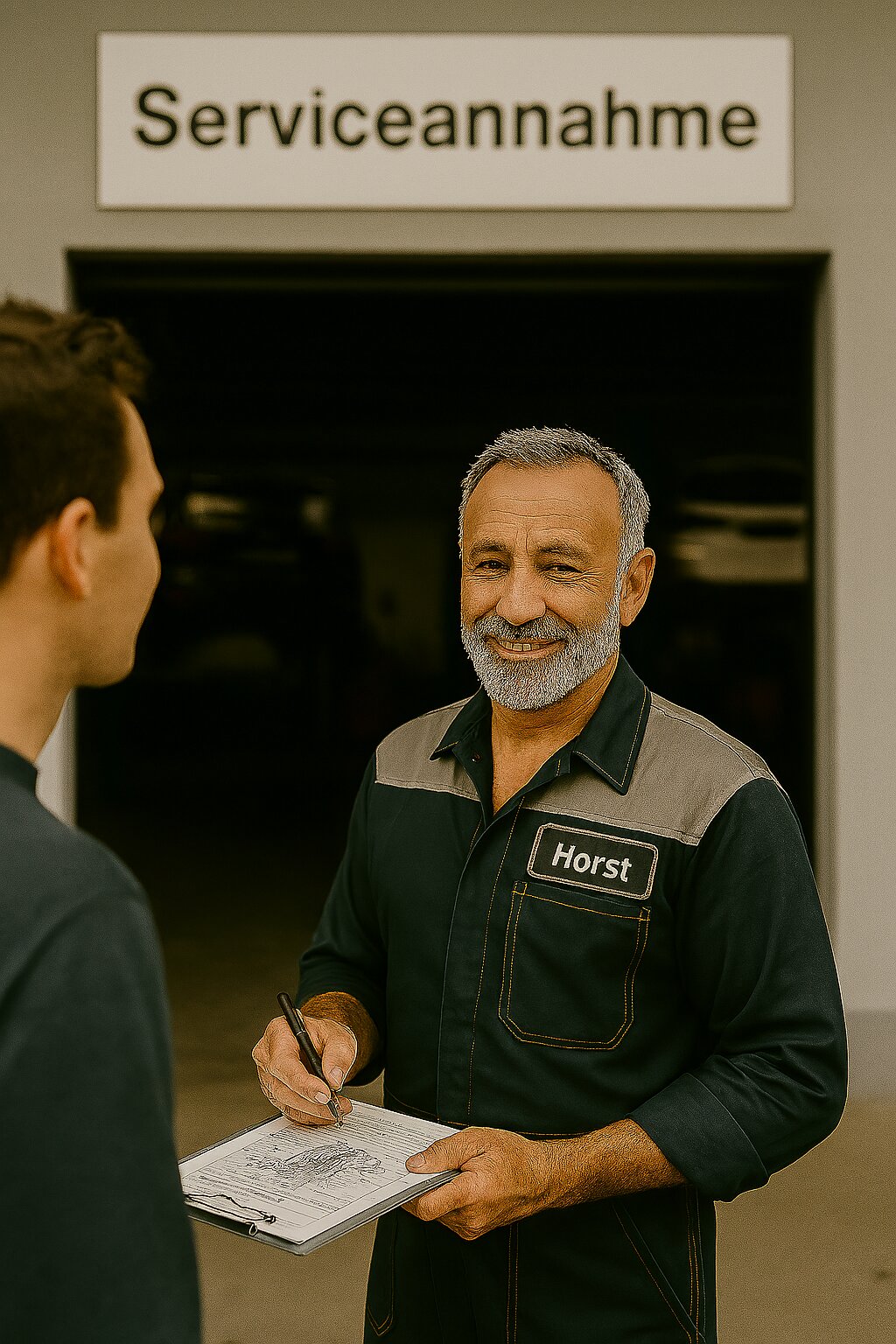 Horst - Ihr persönlicher KI-Werkstattmeister mit Klemmbrett für Fahrzeugdiagnose